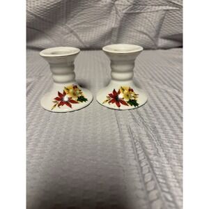 Genuine Porcelain Candle Holder Set Of 2 White W/Christmas‎ Poinsettias & Holly
